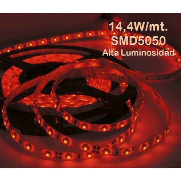 Tira LED 5 mts Flexible 72W 300 Led SMD 5050 IP20 Rojo Alta Luminosidad